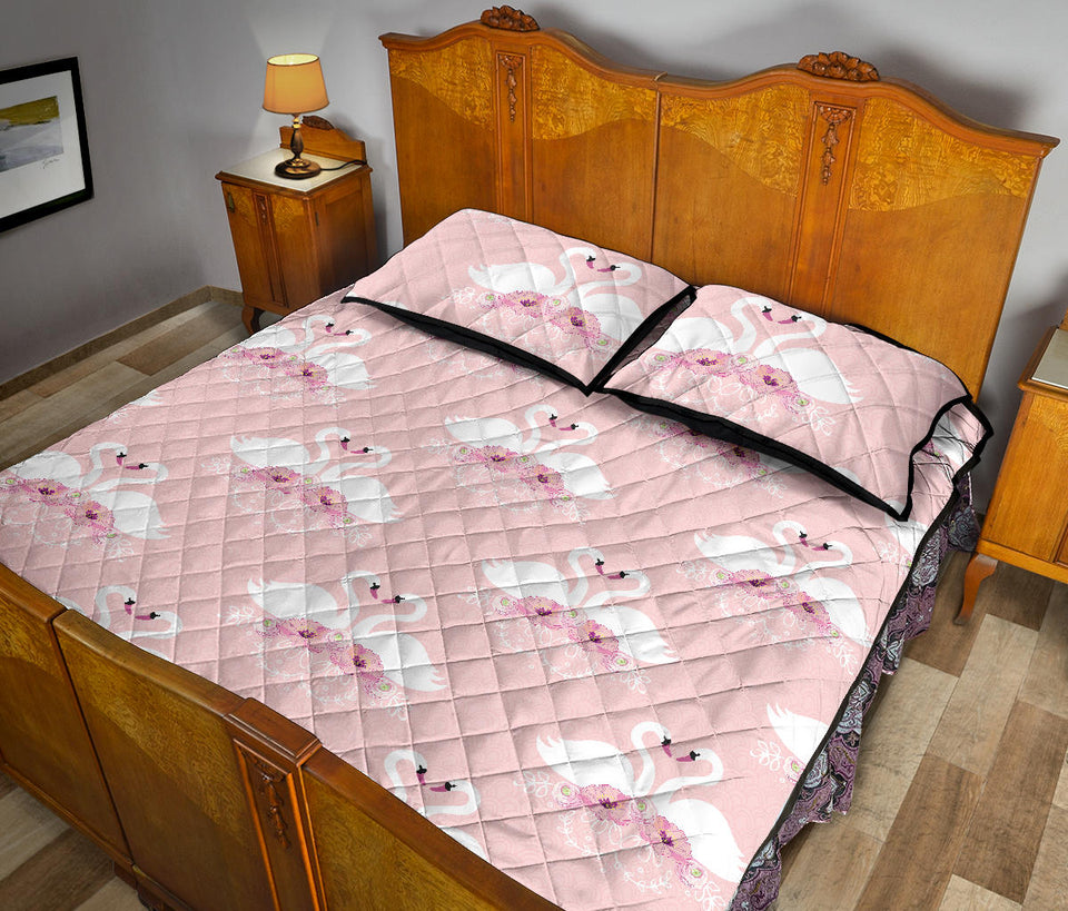 White swan and flower love pattern Quilt Bed Set