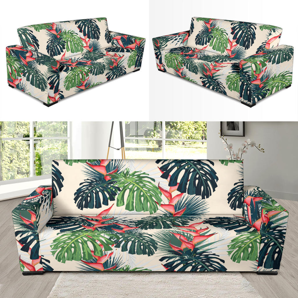 Heliconia Flowers, Palm And Monstera Leaves Sofa Slipcover