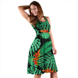 Heliconia Flower Palm Monstera Leaves Black Background Sleeveless Midi Dress