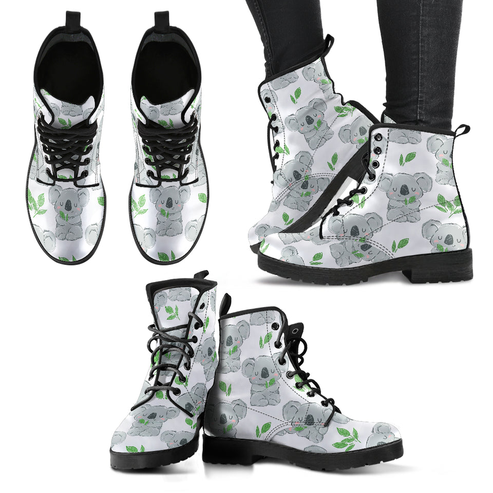 Hand Drawn Koala Leaves Pattern Leather Boots