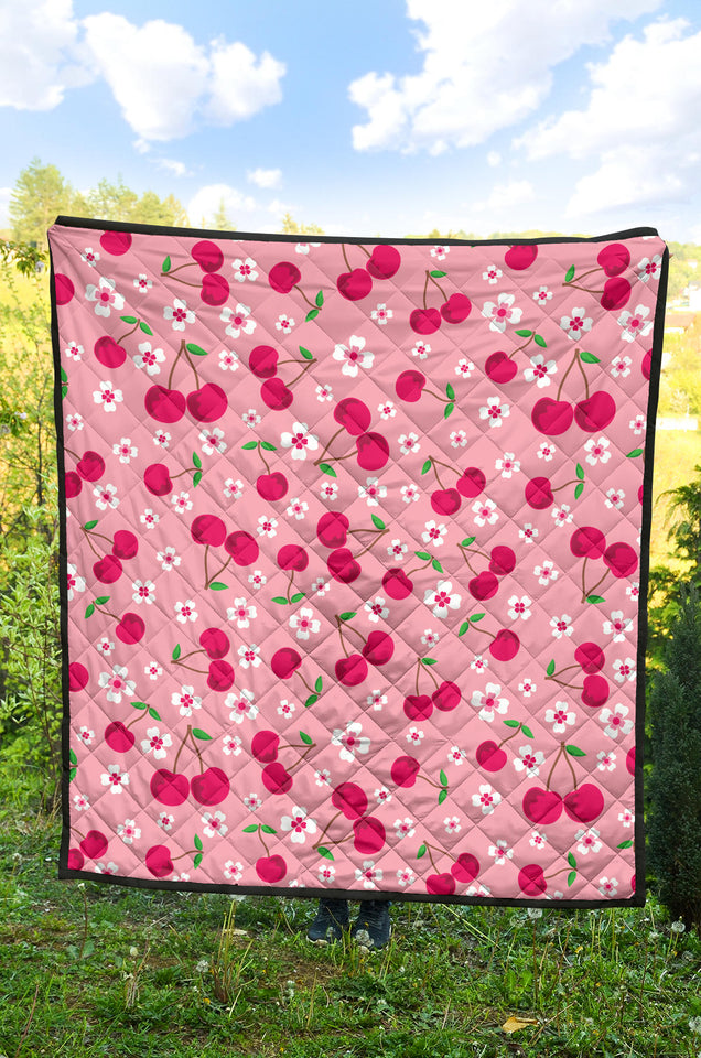 Cherry Flower Pattern Pink Background Premium Quilt