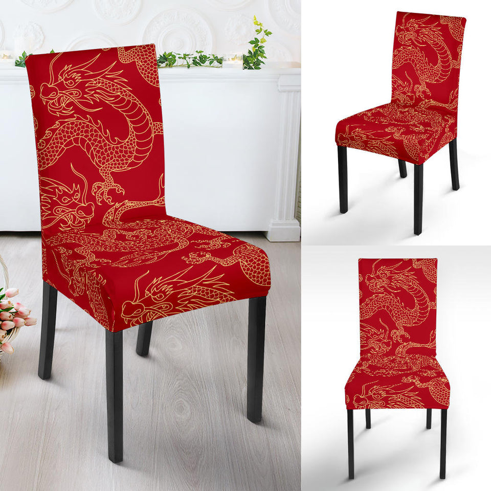 Gold Dragons Red Background Dining Chair Slipcover