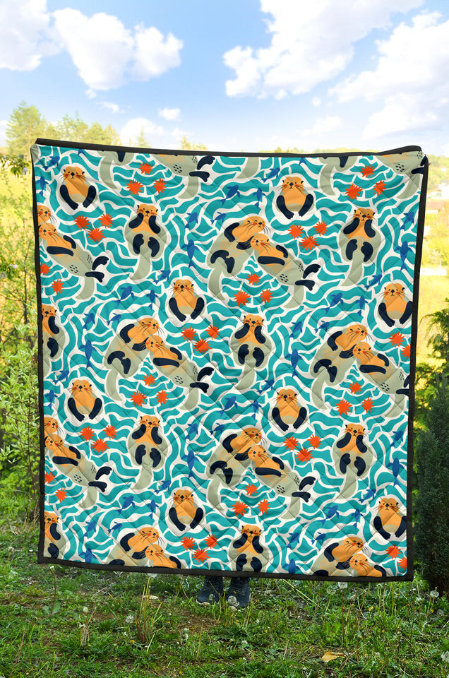 Cute Sea Otters Fishe Sea Urchin Pattern Premium Quilt