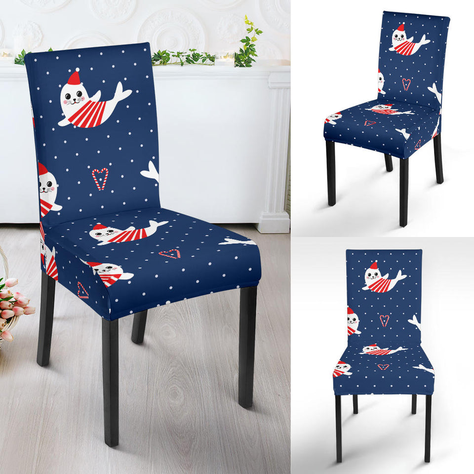 Cute Sea Lion Seal Christmas Hat Candy Cane Heart Pattern Dining Chair Slipcover