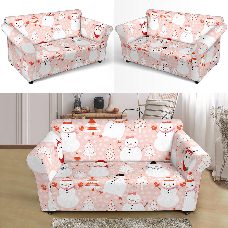 Cute Snowman Christmas Tree Snowpink Background Loveseat Couch Slipcover