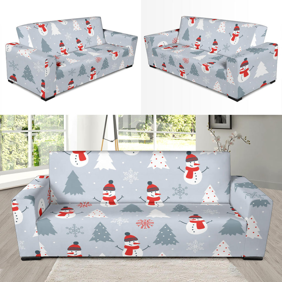 Snowman Christmas  Tree Snow Gray Background Sofa Slipcover