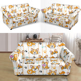 Cute Dog Corgi Striped Background Pattern Loveseat Couch Slipcover