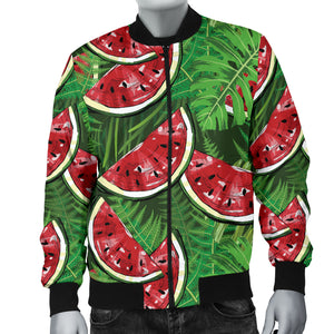 Watermelons Tropical Palm Leaves Pattern Background Men'S Bomber Jacket