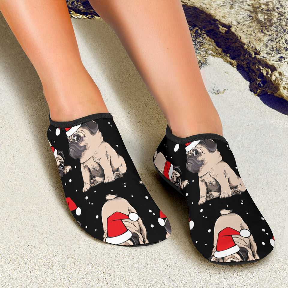 Christmas Pugs Santa_S Red Cap Pattern Aqua Shoes