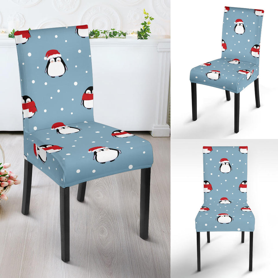 Cute Penguin Christmas Snow Pattern Dining Chair Slipcover