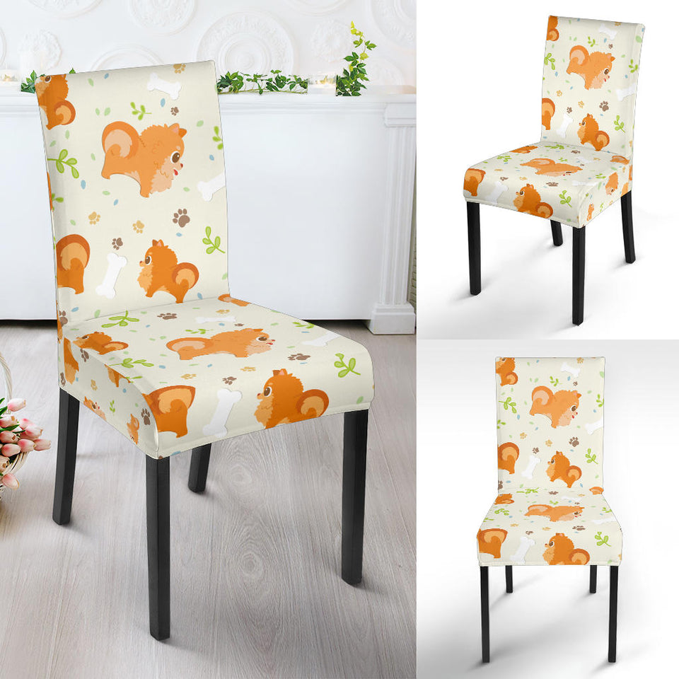 Cute Brown Pomeranian Paw Leave Bone Pattern Dining Chair Slipcover