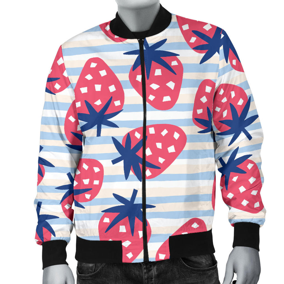 Strawberry Pattern Blue Lines Background Men'S Bomber Jacket