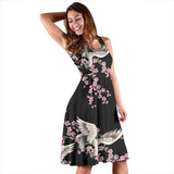 Japanese Crane Pink Sakura Pattern Sleeveless Midi Dress