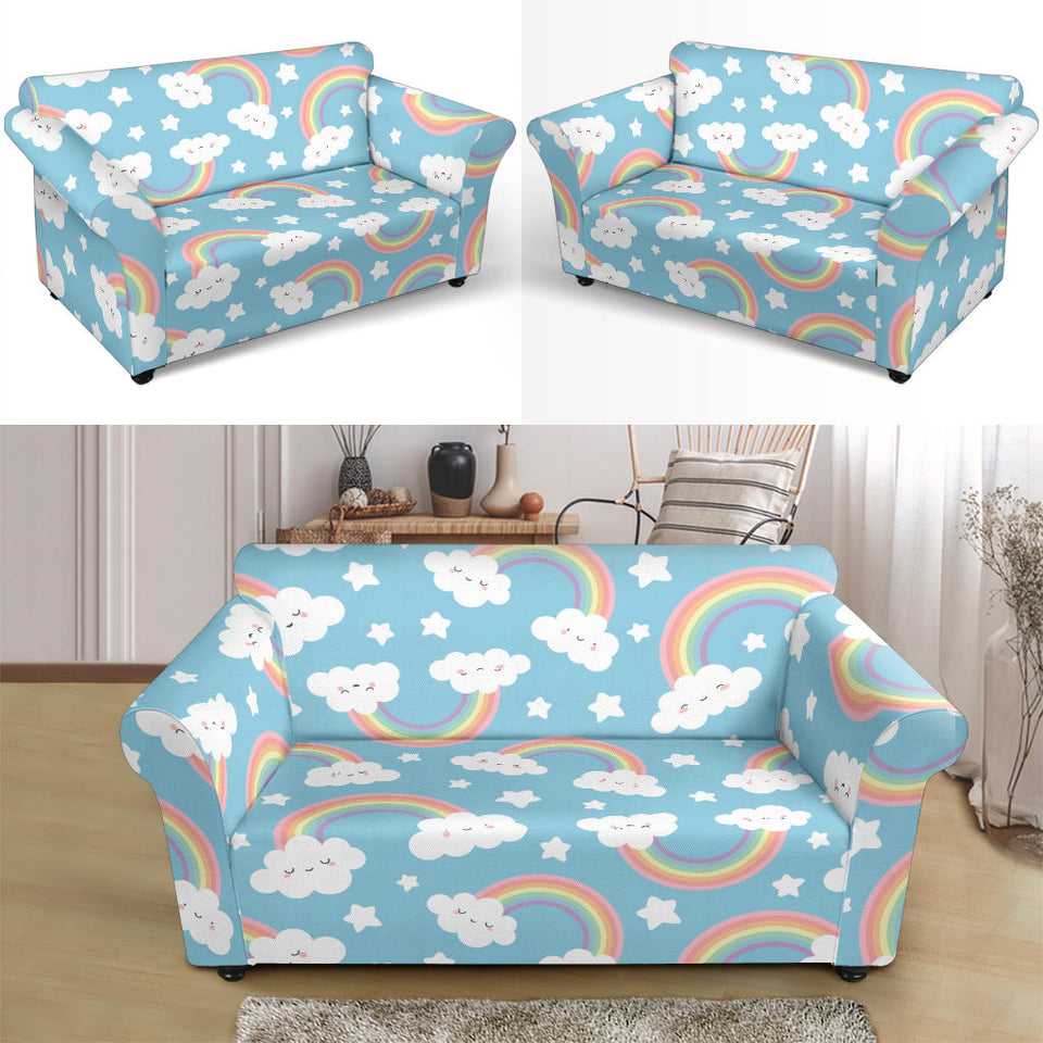 Cute Rainbow Clound Star Pattern Blue Background Loveseat Couch Slipcover