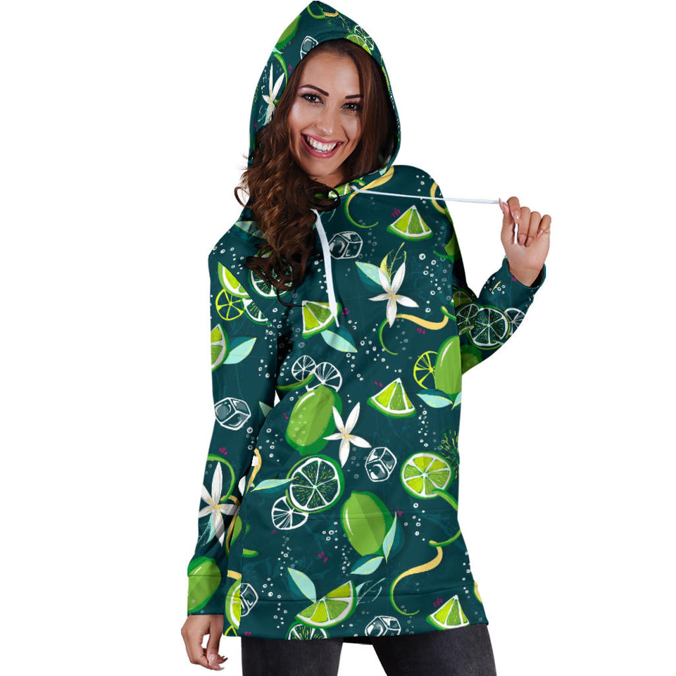 Lime Ice Flower Pattern Women'S Hoodie Dress