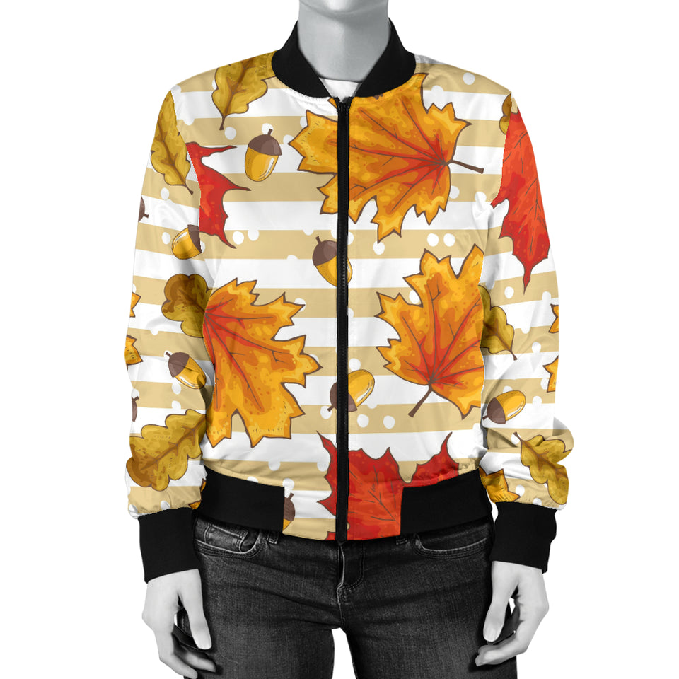 Maple Leaf Oak Leaf Acorns Beige Striped Background Women'S Bomber Jacket