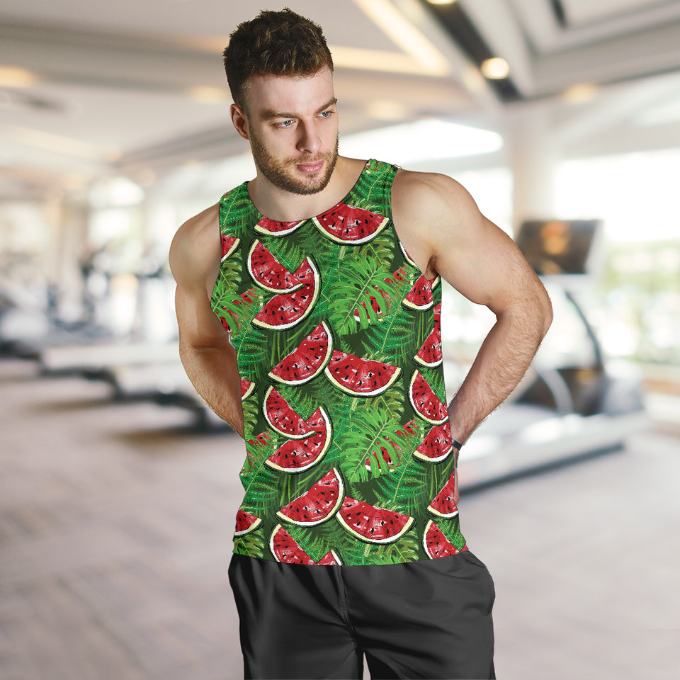 Watermelons tropical palm leaves pattern background Men Tank Top