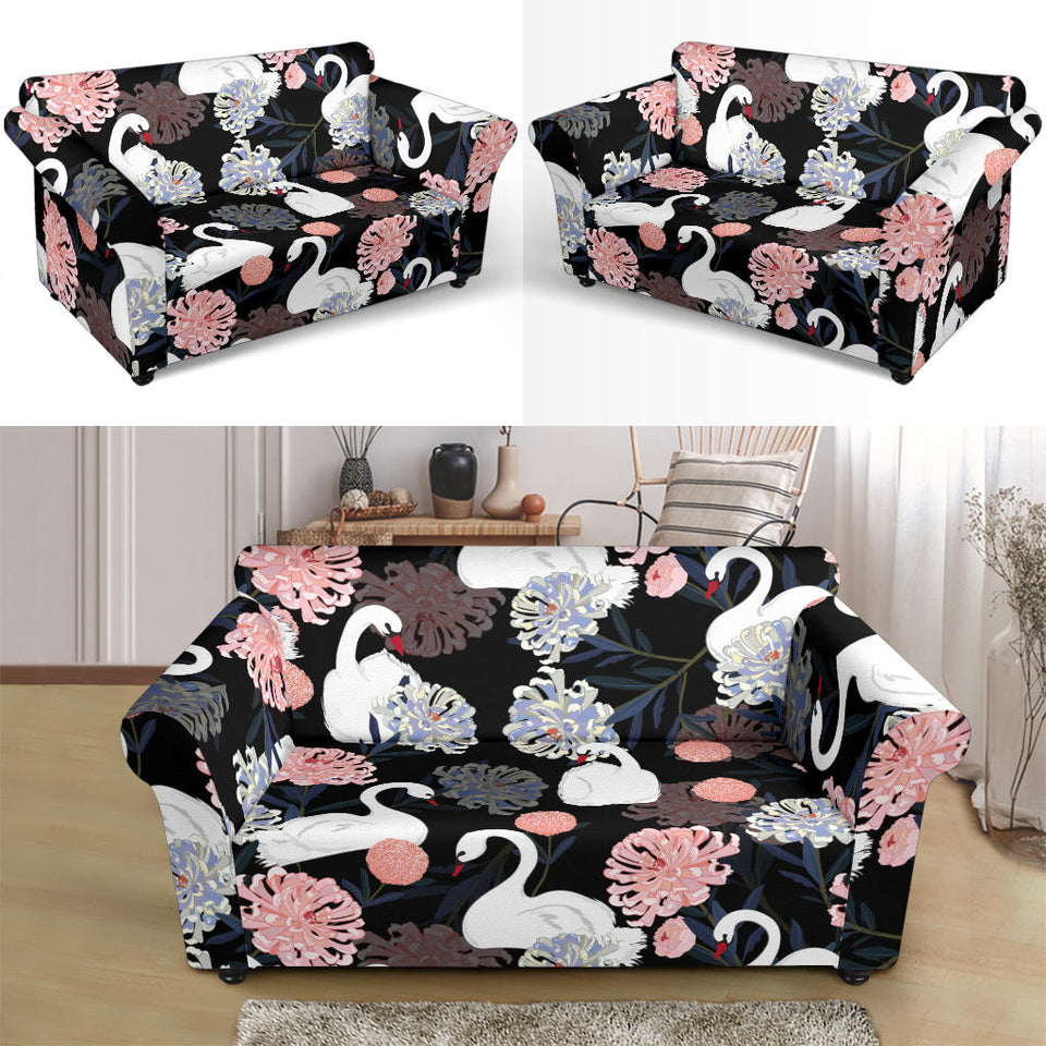 White Swan Blooming Flower Pattern Loveseat Couch Slipcover