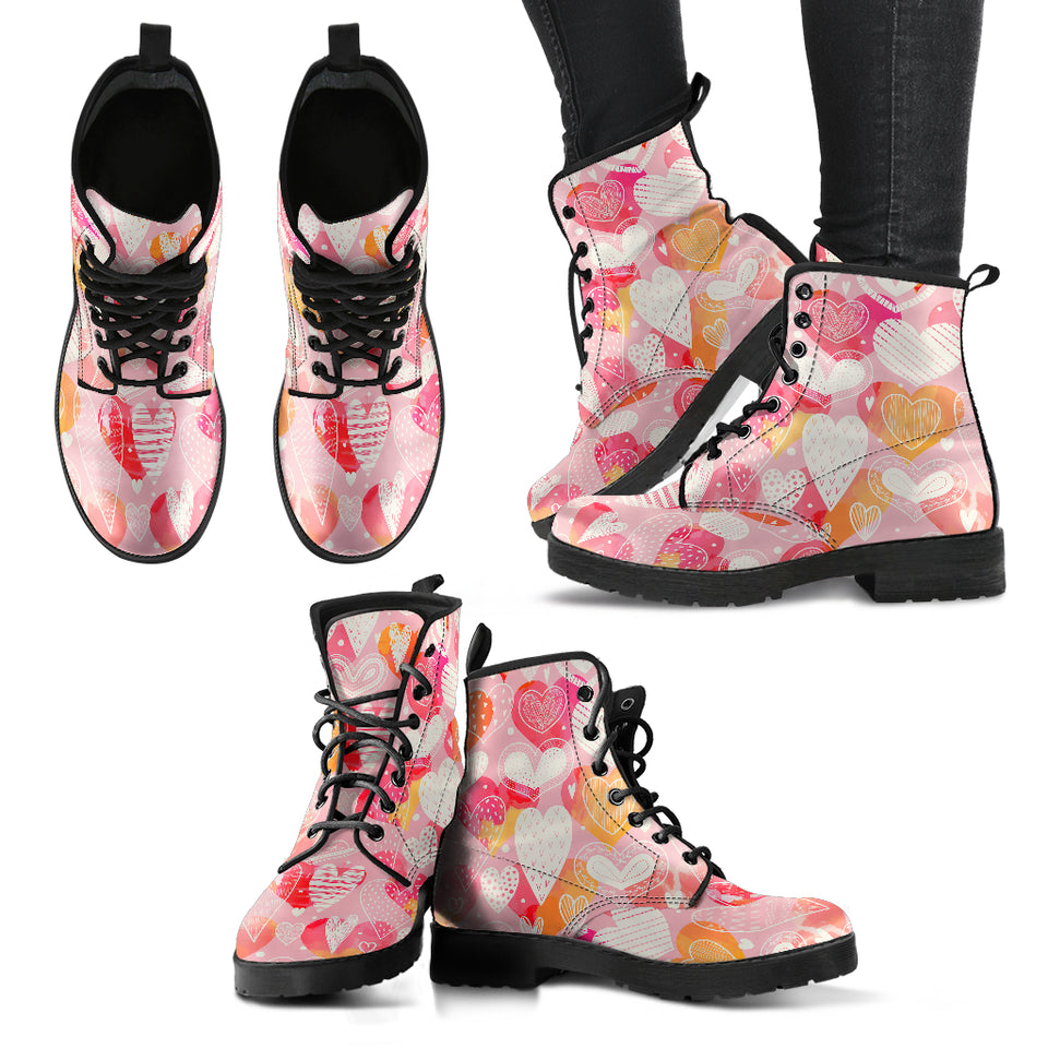 Hand Drawn Heart Design Pattern Leather Boots
