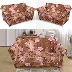 Pink Sakura Cherry Blossom Drak Brown Background Loveseat Couch Slipcover