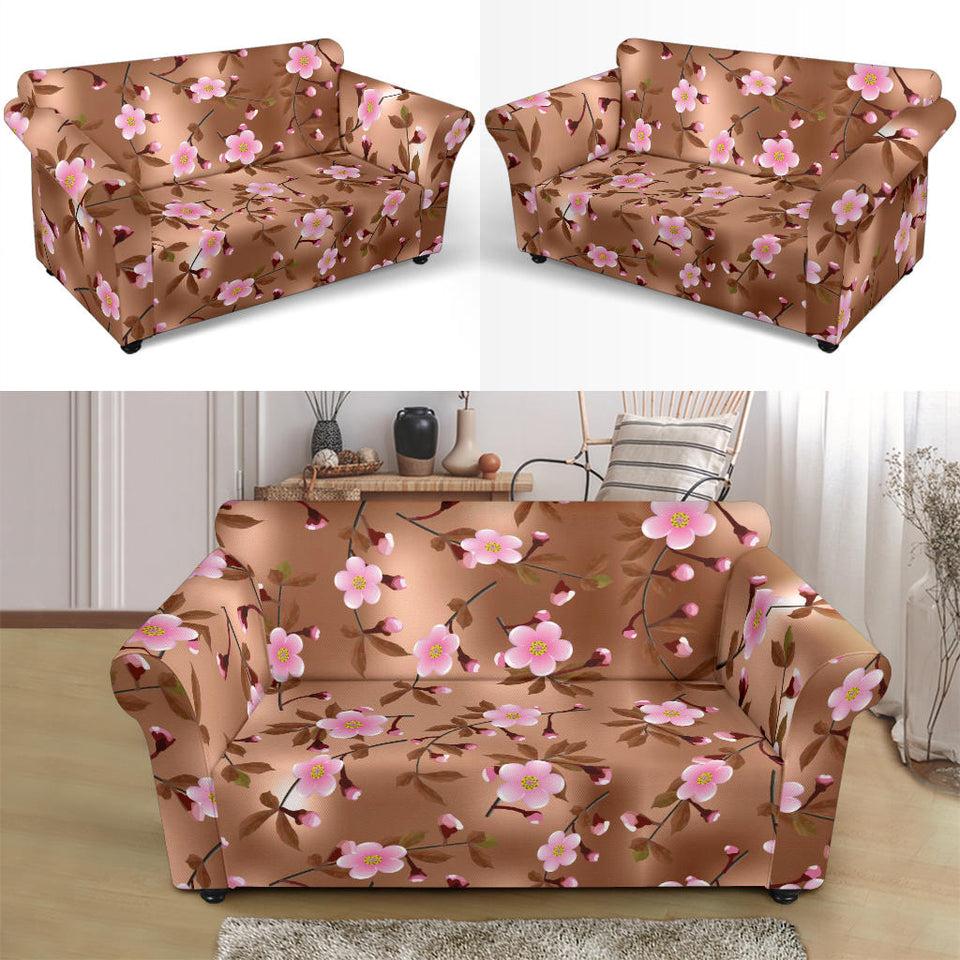 Pink Sakura Cherry Blossom Drak Brown Background Loveseat Couch Slipcover