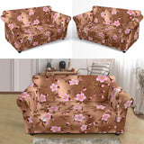 Pink Sakura Cherry Blossom Drak Brown Background Loveseat Couch Slipcover