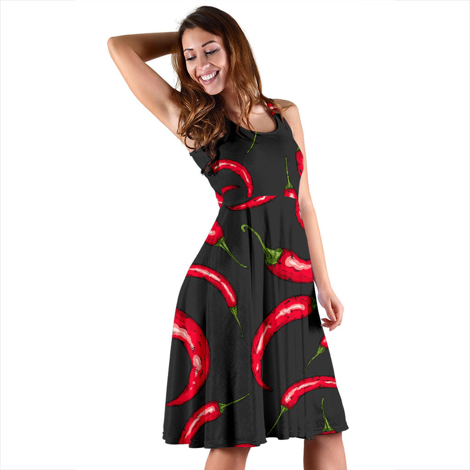 Chili Peppers Pattern Black Background Sleeveless Midi Dress
