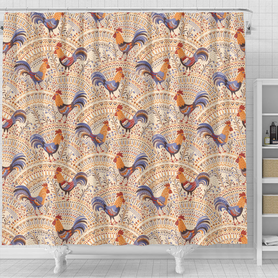 Cute Rooster Chicken Cock Floral Ornament Background Shower Curtain Fulfilled In US