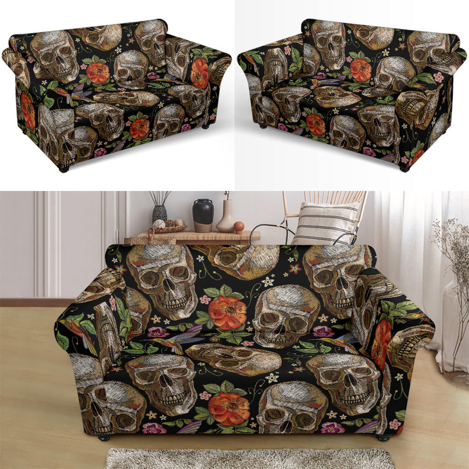 Skull Rose Humming Bird Flower Pattern Loveseat Couch Slipcover