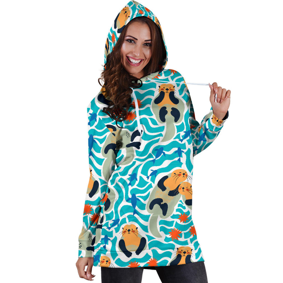 Cute Sea Otters Fishe Sea Urchin Pattern Women'S Hoodie Dress