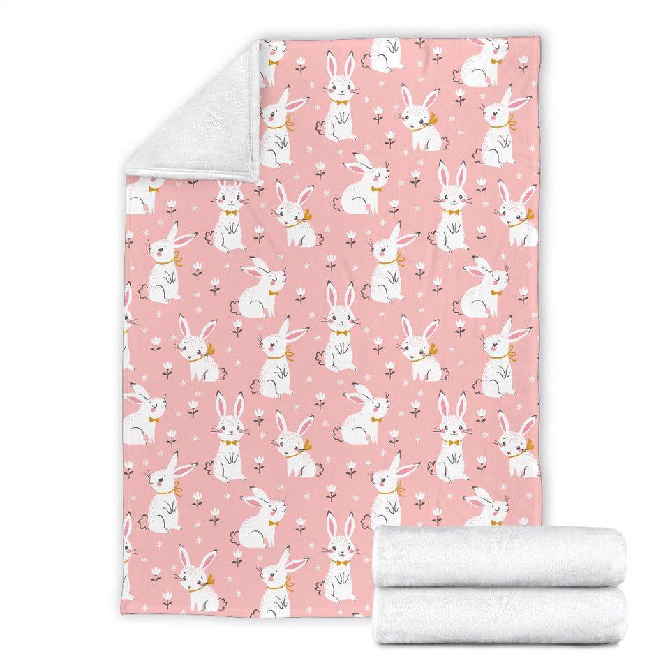Cute White Rabbit Flower Pink Background Premium Blanket