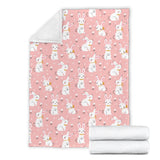 Cute White Rabbit Flower Pink Background Premium Blanket