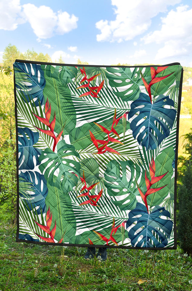 Heliconia Palm And Monstera  Leaves Pattern Premium Quilt