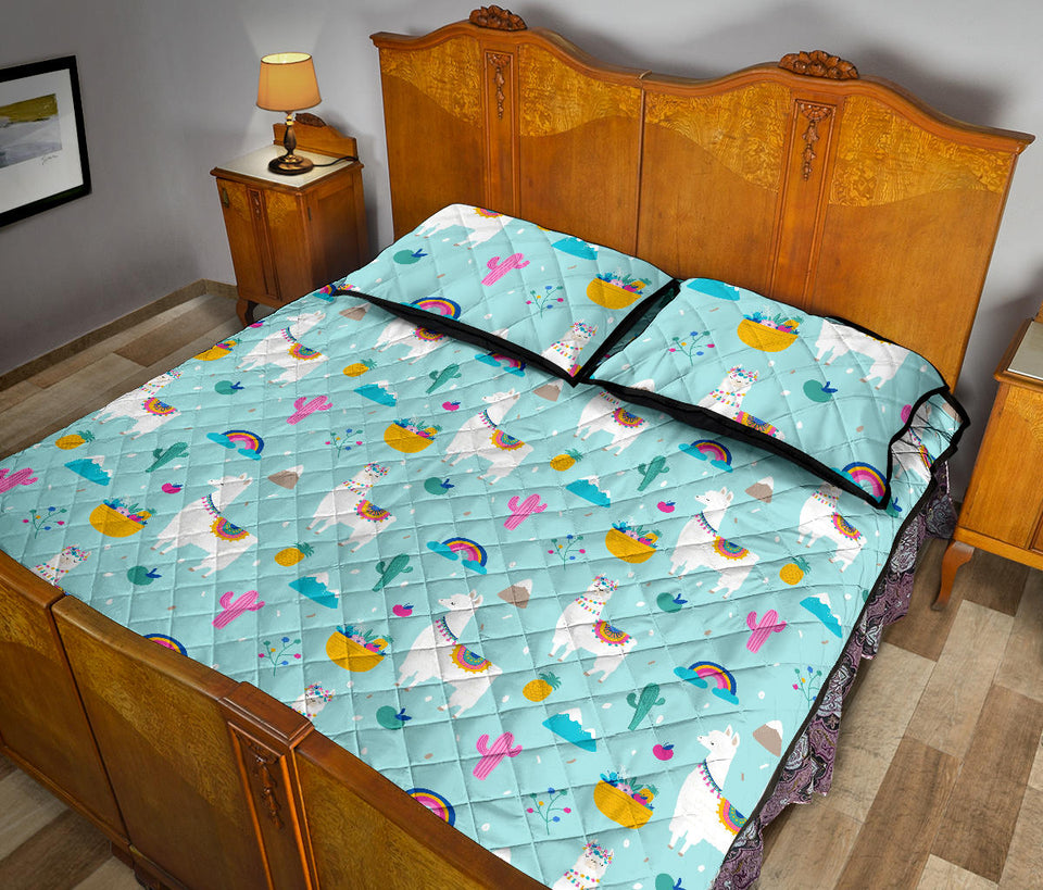 Llama alpaca cactus leaves pattern Quilt Bed Set