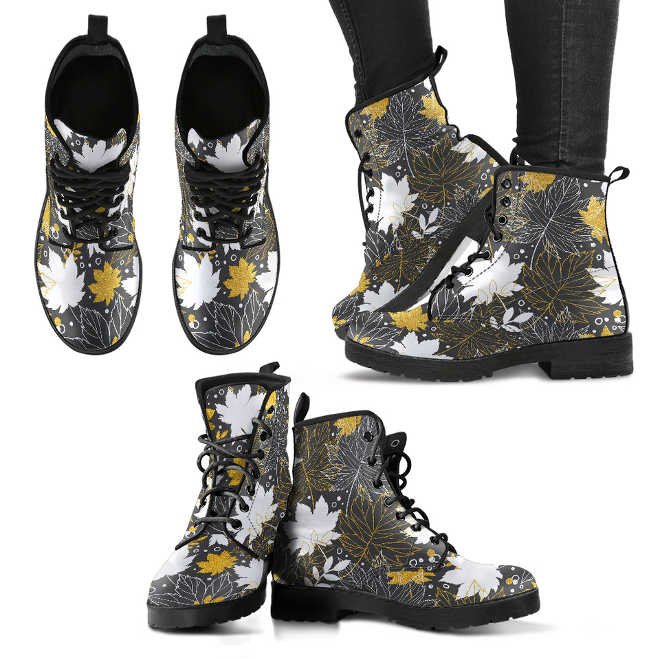 Beautiful Gold Autumn Maple Leaf Pattern Leather Boots