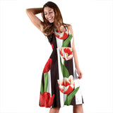 Red And White Tulips Pattern Sleeveless Midi Dress