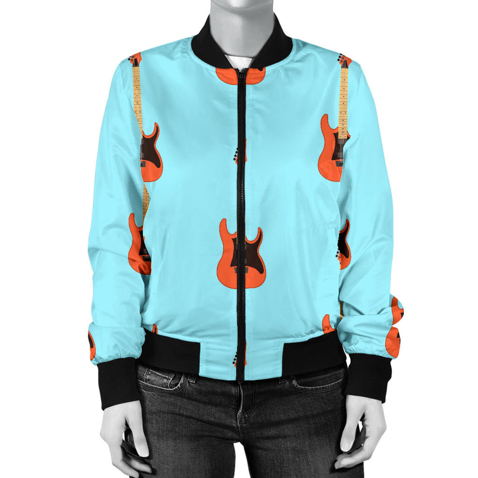 Electric Guitar Pattern Light Blue Background Women'S Bomber Jacket