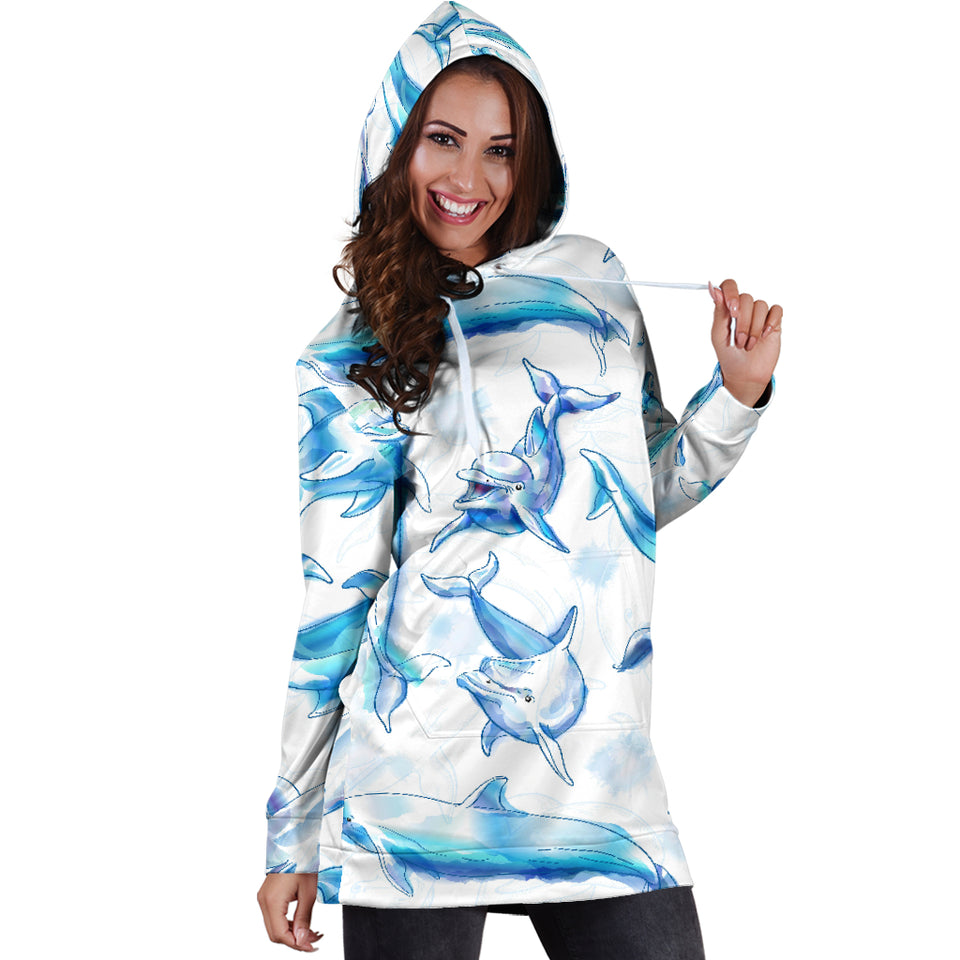 Watercolor Dolphin Pattern Women'S Hoodie Dress
