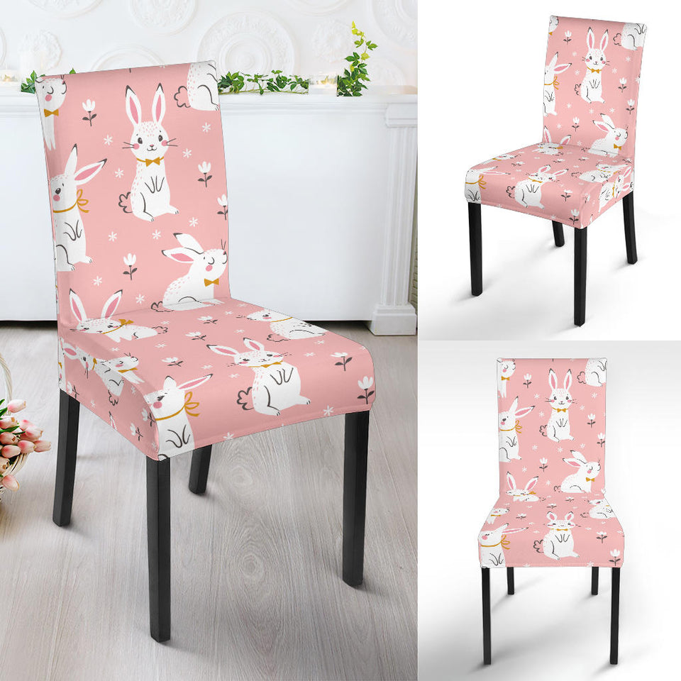 Cute White Rabbit Flower Pink Background Dining Chair Slipcover