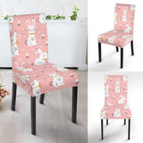 Cute White Rabbit Flower Pink Background Dining Chair Slipcover