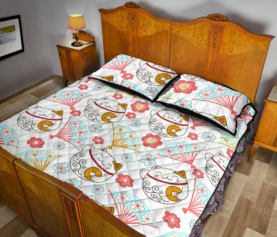 Maneki Neko Lucky Cat fan sakura Quilt Bed Set