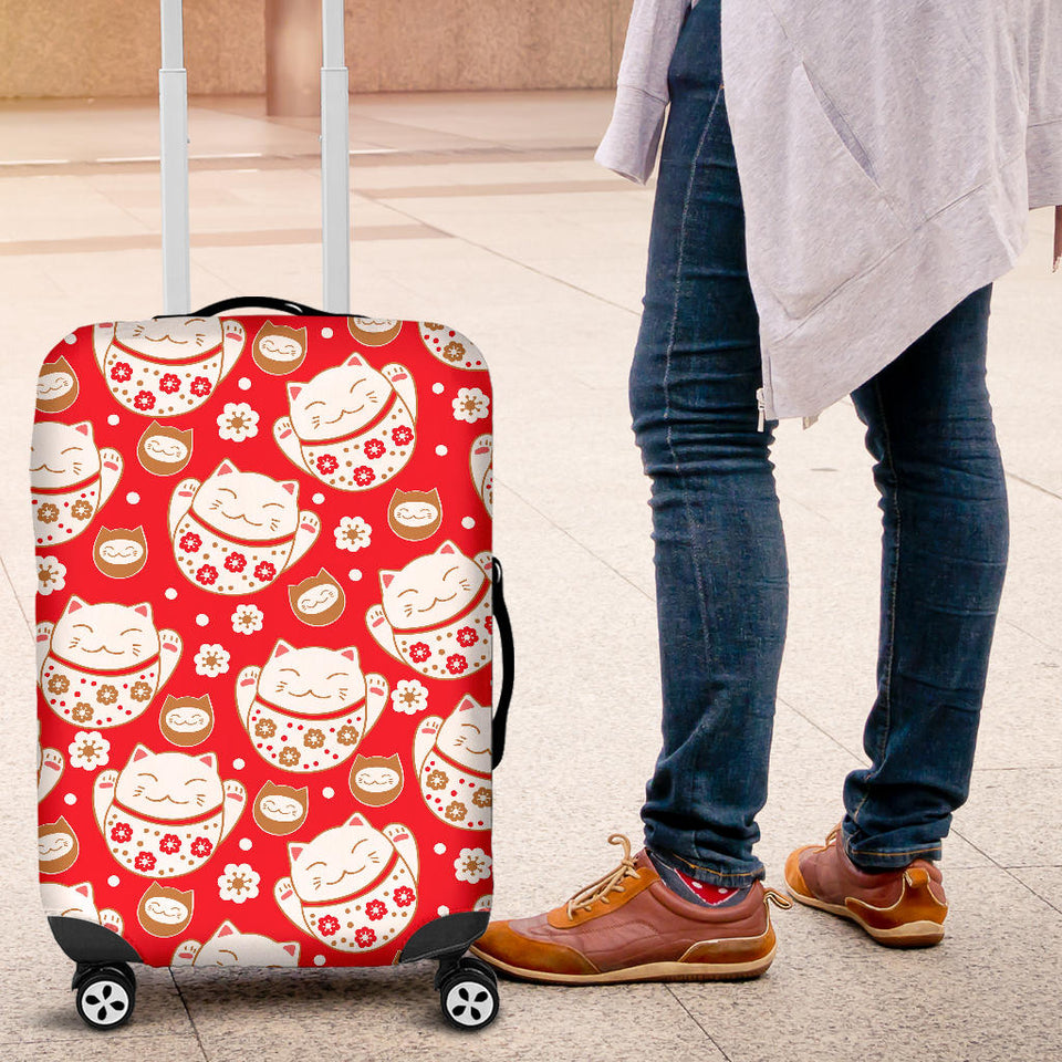 Cute Maneki Neko Lucky Cat Red Background Luggage Covers