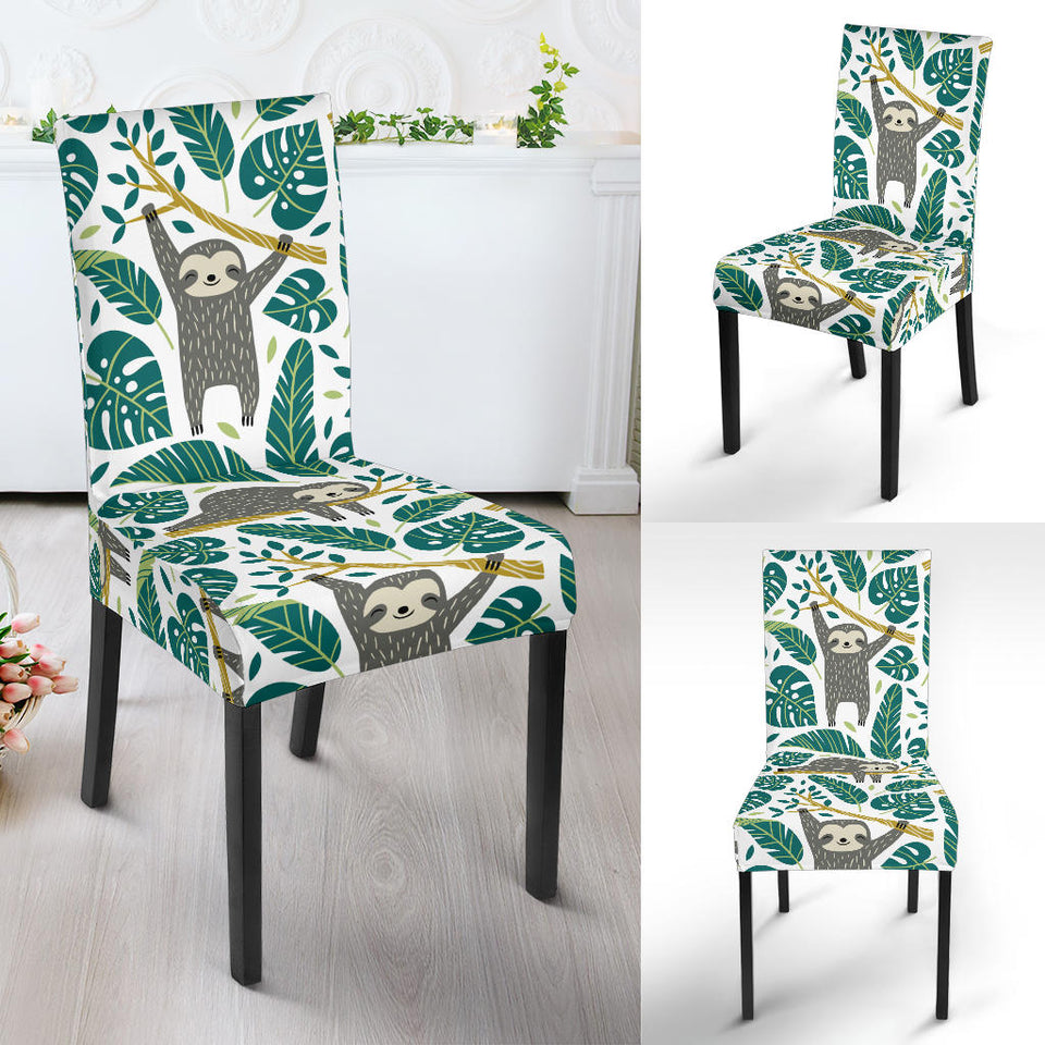 Cute Sloths Tropical Palm Leaves White Background Dining Chair Slipcover