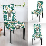 Cute Sloths Tropical Palm Leaves White Background Dining Chair Slipcover