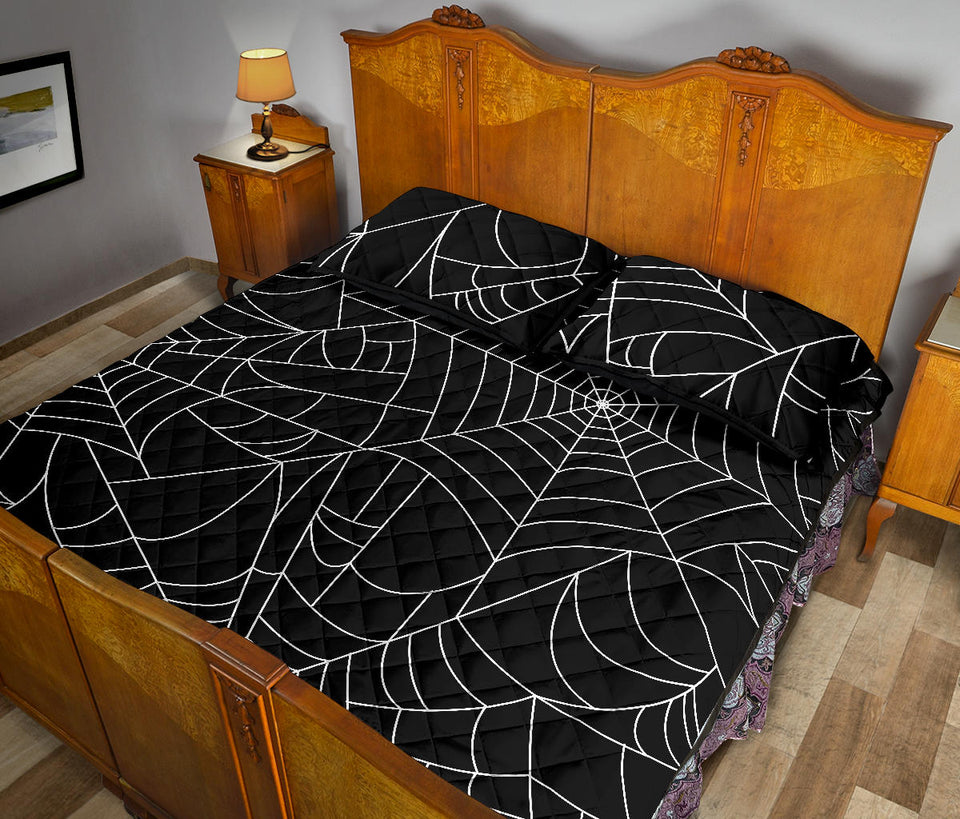 Spider web pattern Black background white cobweb Quilt Bed Set