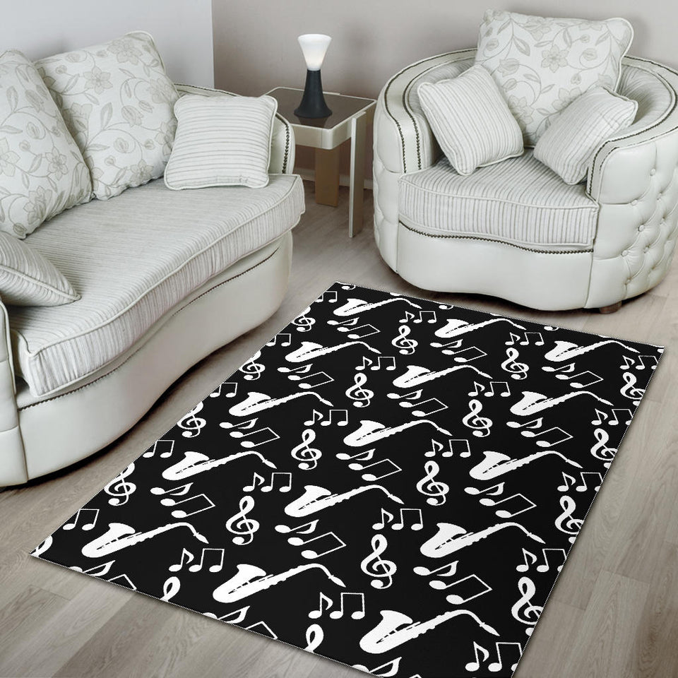 Saxophone Music Notes Treble Clef Black White Theme Area Rug