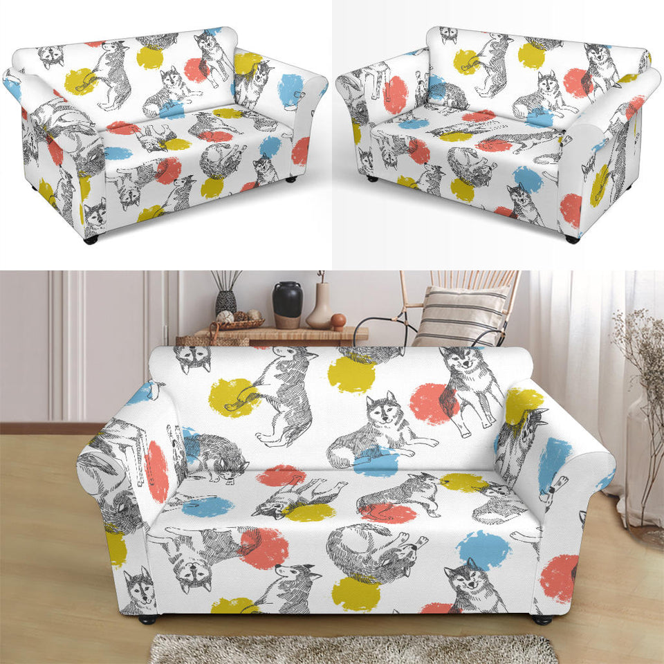 Siberian Husky And Colorful Circle Pattern Loveseat Couch Slipcover