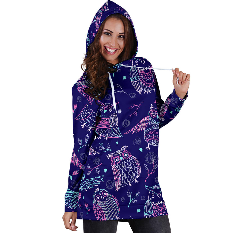 Cute Owls Pattern Boho Style Ornament Women'S Hoodie Dress