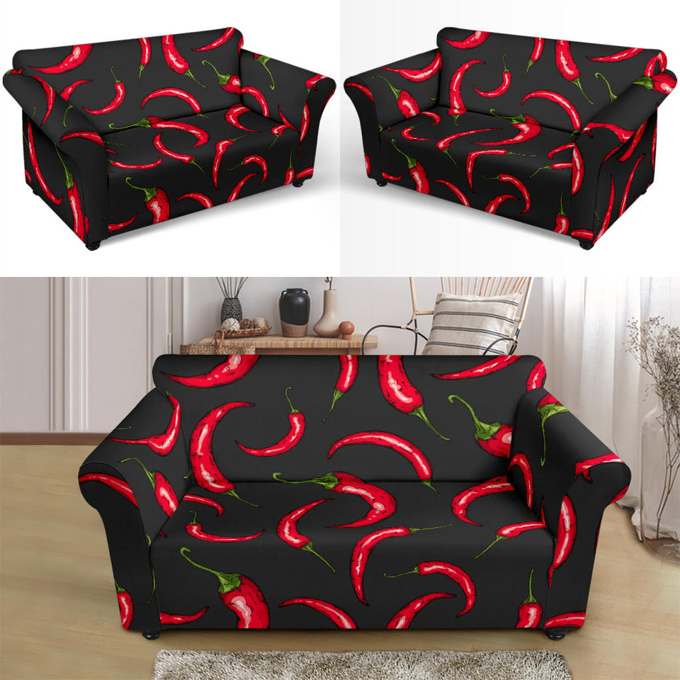 Chili Peppers Pattern Black Background Loveseat Couch Slipcover
