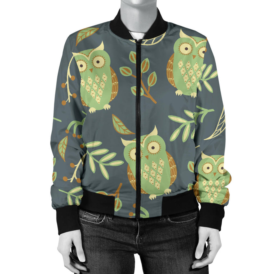 Cute Owls Leaves Pattern Women'S Bomber Jacket